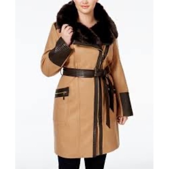 Via Spiga Women Tan Faux Fur Collar Belted Trench Coat Moto Style Size 10
